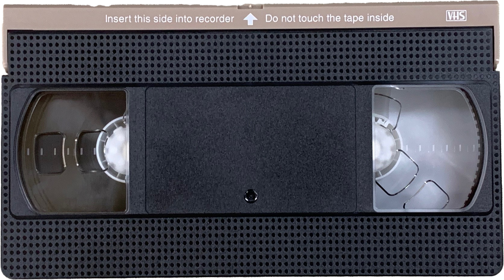 VHSテープ（黒ボディ・茶パネル）相本カガクで過去に製造して在庫しているビデオテープの外観です。80分～180分の長尺に対応しています。