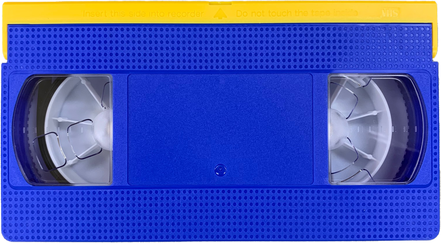 VHSテープ（青ボディ・黄パネル）現在相本カガクで製造できるビデオテープの外観です。60分以内のテープに対応しています。